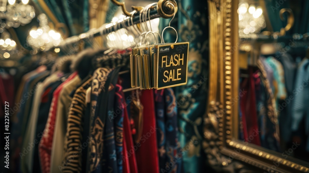 Fashion stores are holding promotions Flash sale discount. Clothing shop with Flash Sale written on the clothes hanger on the shop shelf. 