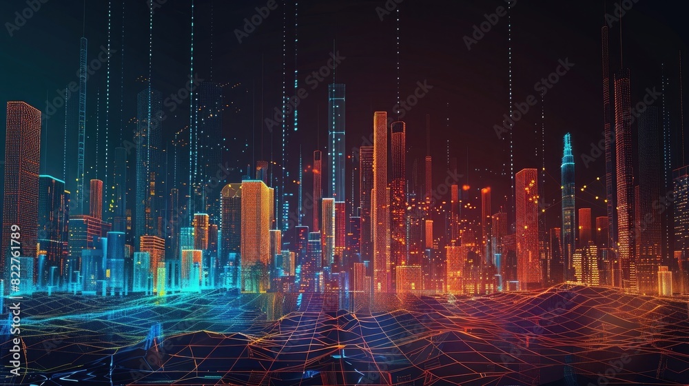 Abstract digital background with blue and orange gradient of low poly mesh lines, night city skyline, s