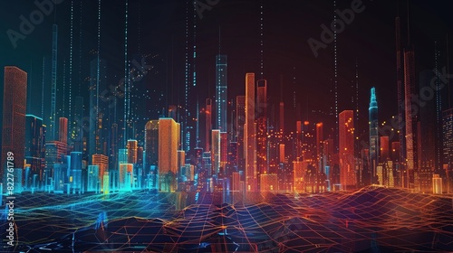 Abstract digital background with blue and orange gradient of low poly mesh lines, night city skyline, s