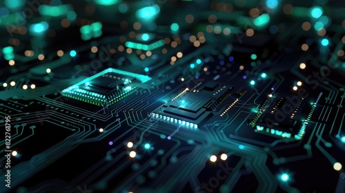 Abstract digital background with circuit board and glowing elements.