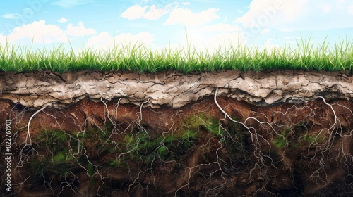 layered earth crosssection with soil grass and roots digital illustration