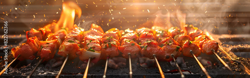 Chicken Tikka On Stone Rustic Pub Wide Panoramic Traditional Recipe for eid festivel Cooking on smoky background photo