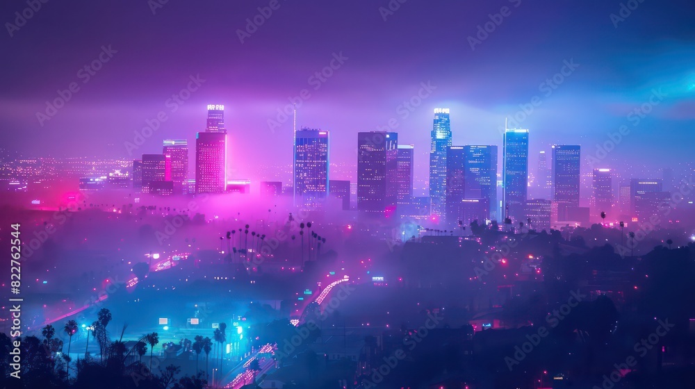 Fototapeta premium Night city, neon light, palms against the sunset, stars.