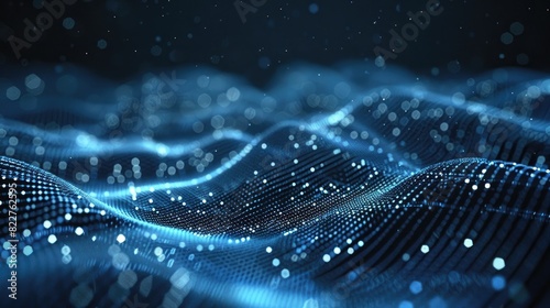Abstract futuristic wave of particles on a dark background, a digital technology concept for music sound or data transfer in cyberspace. Abstract wavy blue glowing dots with a bokeh effect