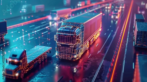 Abstract global logistics network concept with cargo trucks and AI technology, futuristic transportation of goods by road, sea or air in the world for fast shiping and container