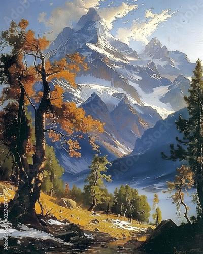 a vertical Mountain landscape, mid-century classical style, front view in an outdoor-themed, painterly illustration in JPG. Generative ai