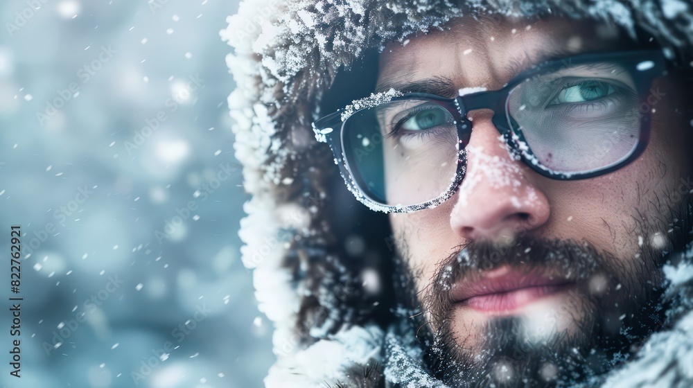 Winter themed man wearing glasses with room for copy space Winter themed man wearing glasses with room for copy space