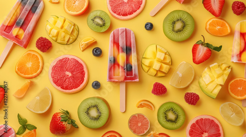 refreshing fruit popsicles with sliced tropical fruits on yellow background photo