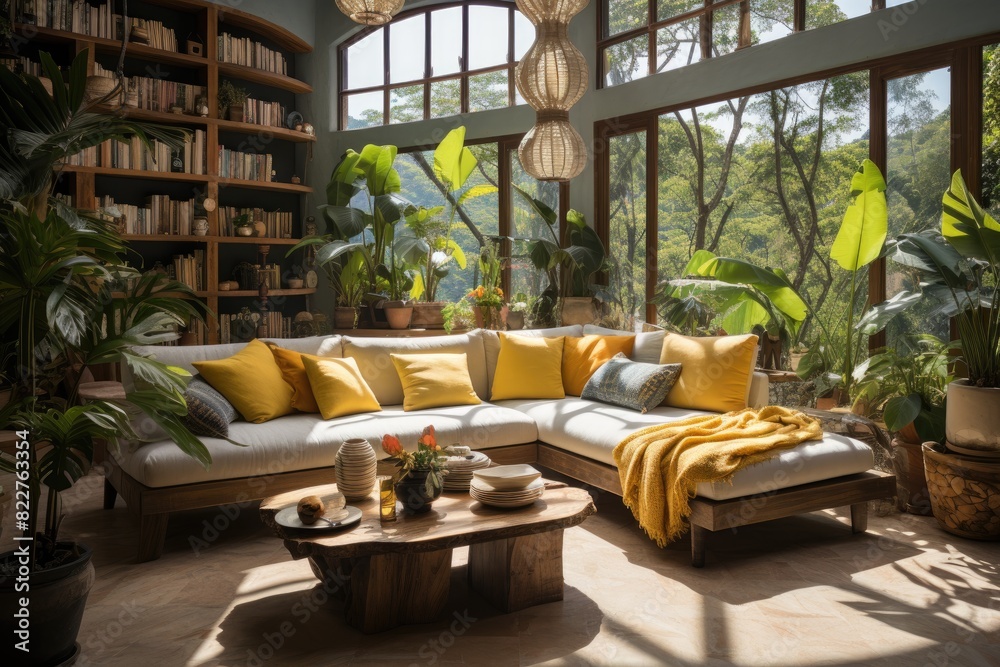 Tropical living room with lush plants., generative IA Tropical living room with lush plants., generative IA