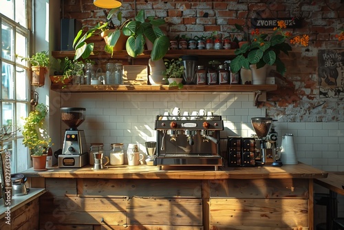 Stylish coffee machine in a trendy plant-filled café