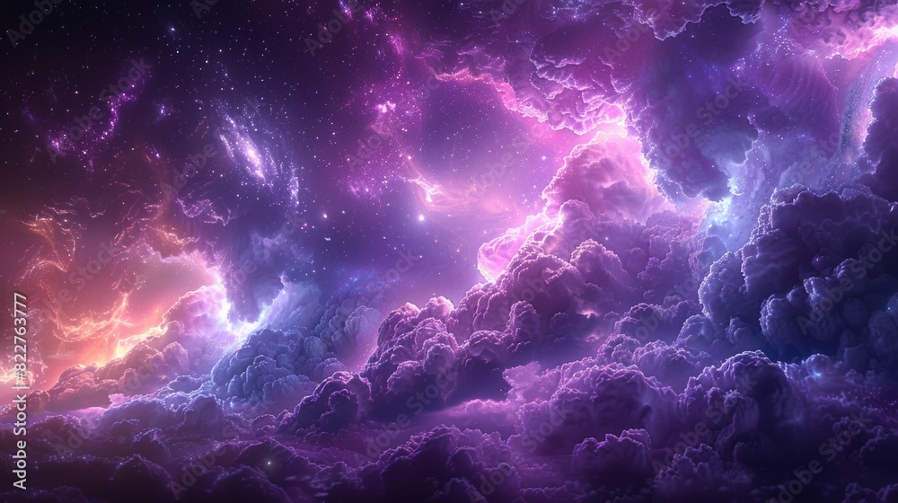 A group of glowing purple clouds floating in space with mass of energy flowing.
A group of glowing purple clouds floating in space with mass of energy flowing.