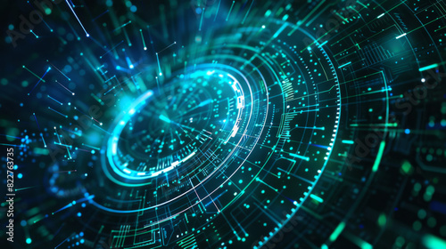 A blue and green computer screen with a spiral design