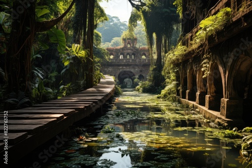Bridge suspended in lush jungle.  generative IA