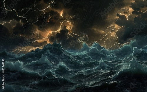 Lightning strikes in the sky, dramatic storm clouds above the clouds, ocean waves