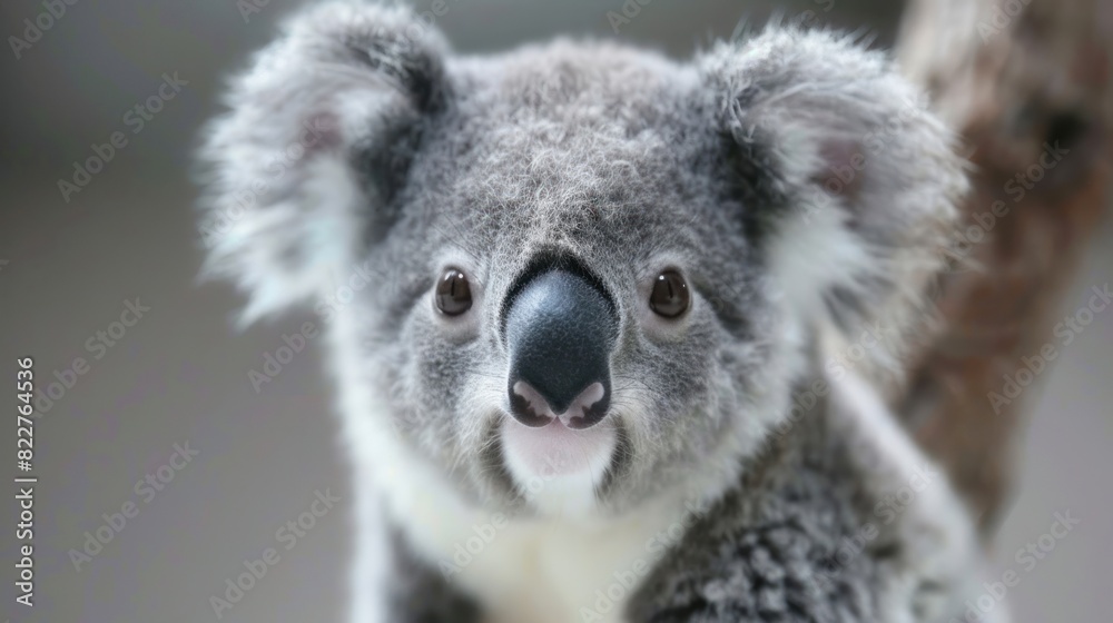 Naklejka premium A baby koala is standing on a tree branch and looking at the camera
