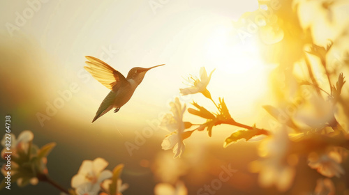 Close-Up Perfection: Hummingbird Flutters Around a Small Flower in Sun