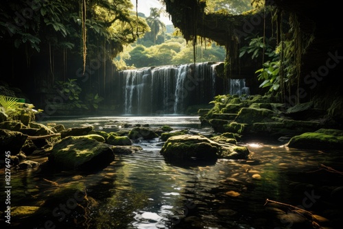 Spectacular waterfall in the dense jungle., generative IA