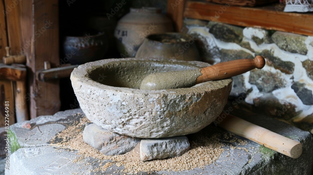 A simple yet efficient oil press made out of a large stone and a wooden pestle. A simple yet efficient oil press made out of a large stone and a wooden pestle.