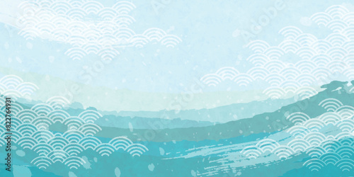 和柄　波　水彩　背景	