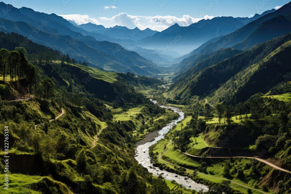 Verdejante valley surrounded by majestic mountains., generative IA Verdejante valley surrounded by majestic mountains., generative IA
