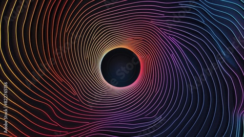 Abstract vector line art of rainbow gradient waves on a black background with a circular hole in the center 