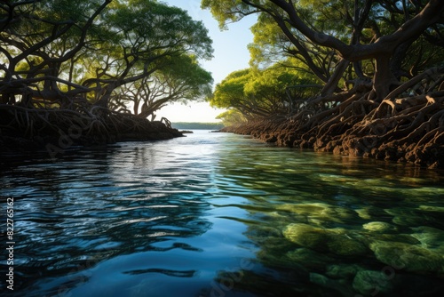Serene mangrove with trees in the water., generative IA © JONATAS