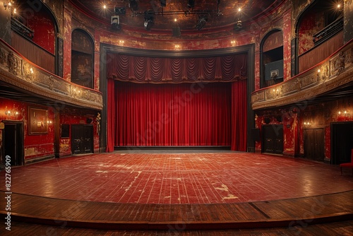 Vintage theater interior with red velvet curtain photo