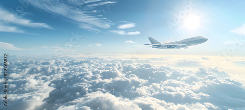 Passenger airplane in the sky above the clouds with gear released takes off, providing a beautiful panoramic background.