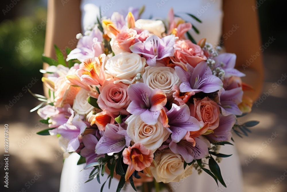 Radiant bride holds elegant flower bouquet., generative IA Radiant bride holds elegant flower bouquet., generative IA