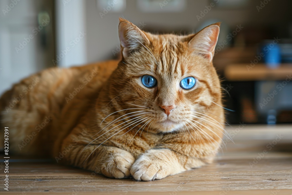 International Cat Day poster. Portrait of a large orange cat with blue eyes at a table, copy space - generative ai