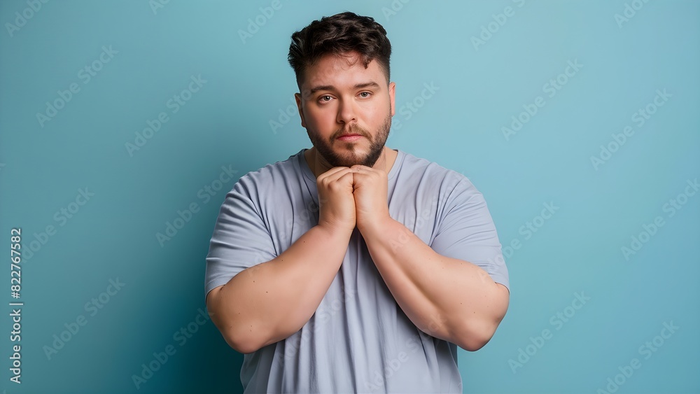 plus size male model posing, with white aesthetic clothes, pastel blue background, plus size male model posing, with white aesthetic clothes, pastel blue background,