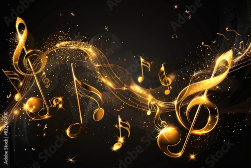 Gold music background with musical notes and bokeh lights.