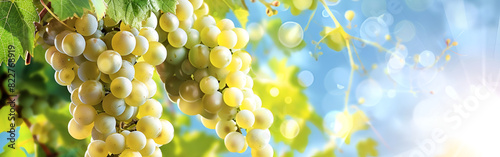Green grapes on vine over bright blewb beautiful background of grape farming
 photo