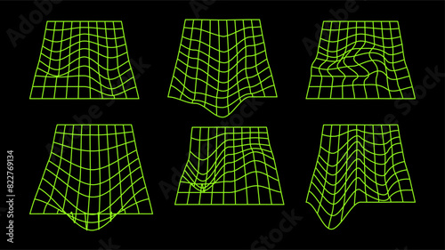 3D wireframe models of objects Network line. Geometric shapes atmosphere future. Retro futuristic design for technological or scientific element. Black background. Vector illustration.