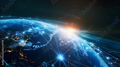 Abstract Blue Planet Earth with Glowing Light Lines and Global Network