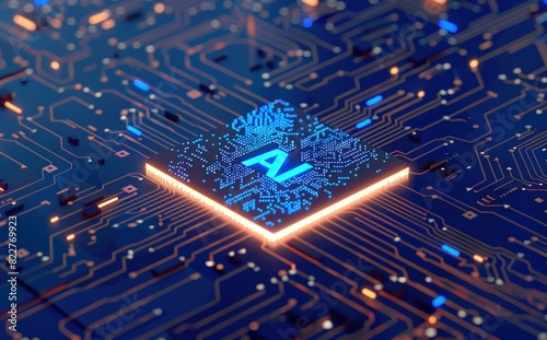 3D render of a chip with a brain on a circuit board.