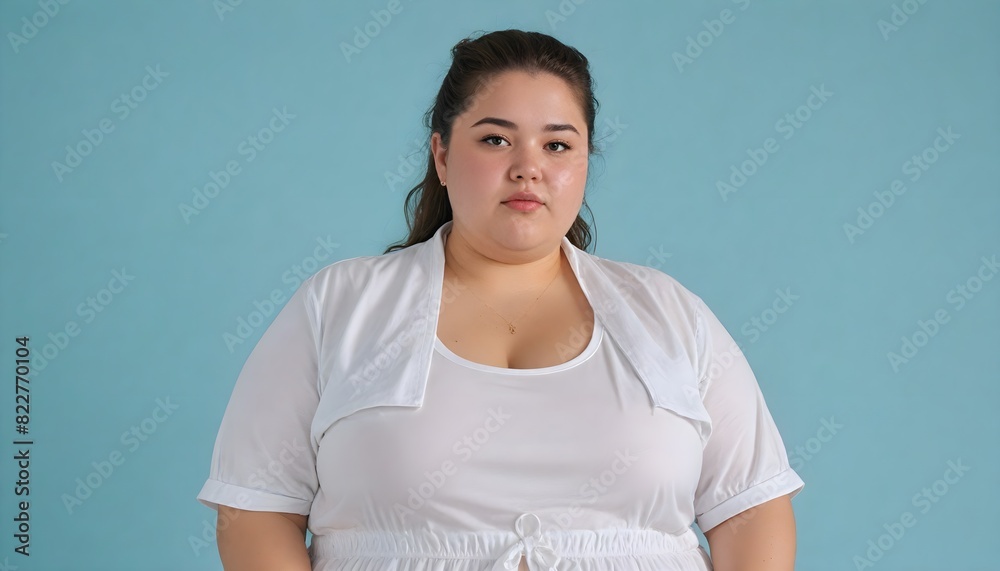chubby plus size female with white aesthetic clothes, pastel blue background, overweight female model chubby plus size female with white aesthetic clothes, pastel blue background, overweight female model