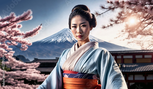 Japanese geisha with snowtopped mountain, cherry blossoms and a traditional minka house in the background photo
