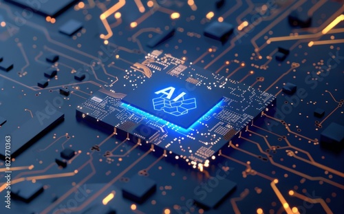 3D render of a chip with a brain on a circuit board.