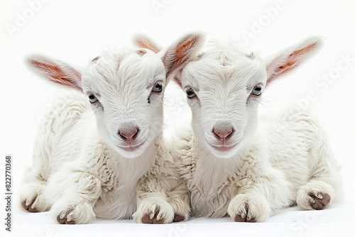 Two cute baby goats sheep sitting isolated on white background 