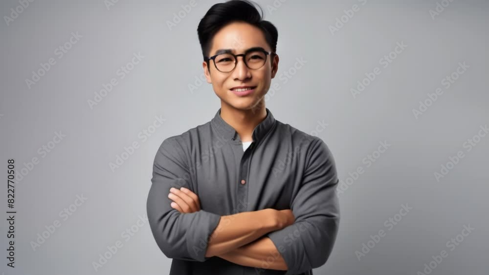 A confident young professional wearing glasses and a casual sweater, standing against a plain background with arms crossed. A confident young professional wearing glasses and a casual sweater, standing against a plain background with arms crossed.