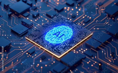 3D render of a chip with a brain on a circuit board.