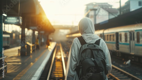 A woman wearing a white scarf and a black backpack is walking towards a train
