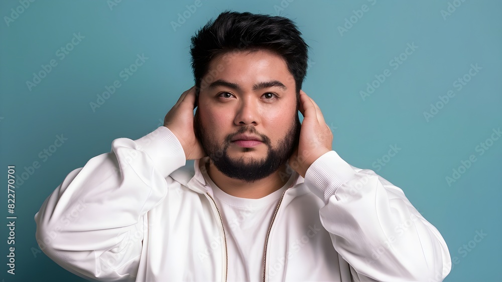 overweight plus size male model front posing over a pastel blue background overweight plus size male model front posing over a pastel blue background
