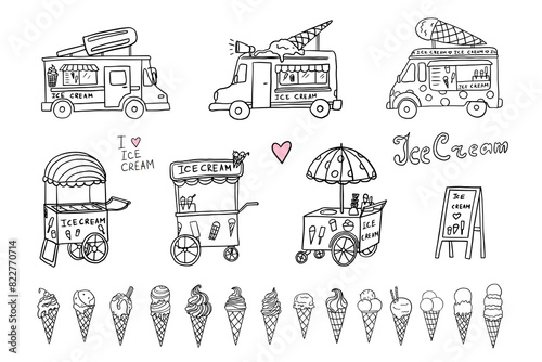 Large set of ice cream van, ice cream truck and ice cream in a waffle cone. Gelato. Great for summer dessert menu design, banner, sites, packaging. Hand drawn. Doodle style.