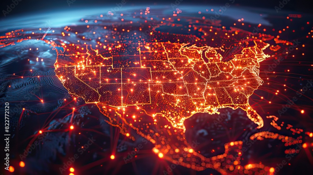 Marvel at this abstract view of North America from space, showcasing vibrant red fiber optic cables emerging from major cities, symbolizing digital connectivity and modern infrastructure. Marvel at this abstract view of North America from space, showcasing vibrant red fiber optic cables emerging from major cities, symbolizing digital connectivity and modern infrastructure.