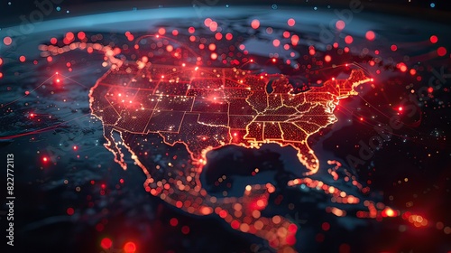 Marvel at this abstract view of North America from space, showcasing vibrant red fiber optic cables emerging from major cities, symbolizing digital connectivity and modern infrastructure. photo