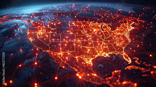 Marvel at this abstract view of North America from space  showcasing vibrant red fiber optic cables emerging from major cities  symbolizing digital connectivity and modern infrastructure.