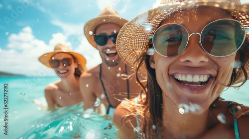 Capture the joy of friends laughing under the sun on a carefree beach vacation. Perfect for those unforgettable summer moments filled with fun and laughter.