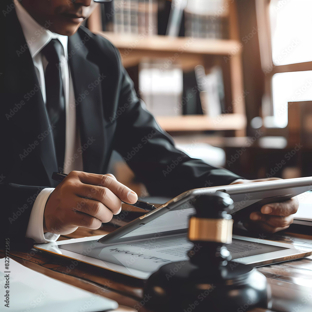 Generative AI A lawyer reviewing a digital smart contract on a tablet in a modern office, symbolizing the transformation of legal processes through blockchain technology, natural light